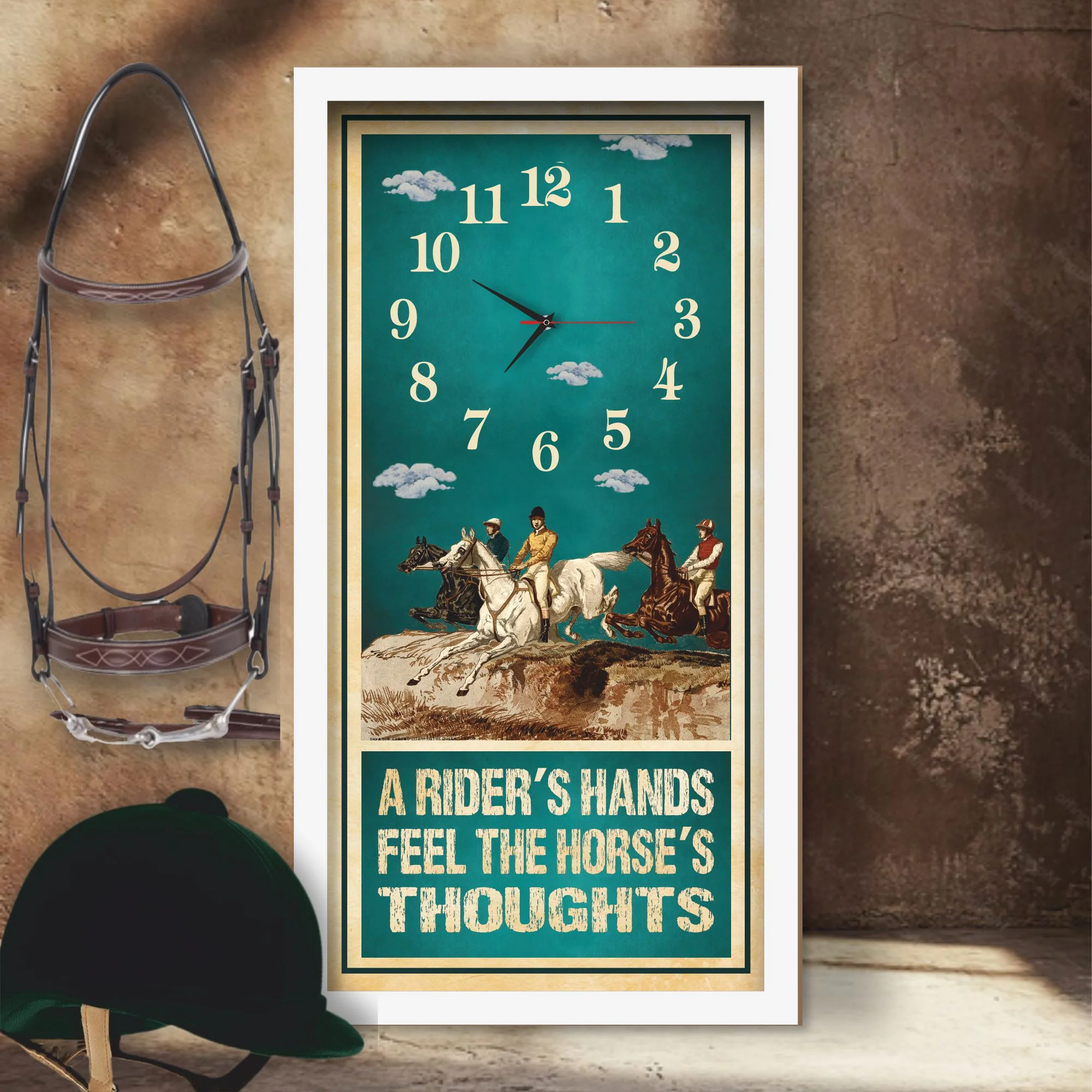 A Rider's Hands horse racing clock, white frame - Vintage Chromolithograph design, lifestyle shot