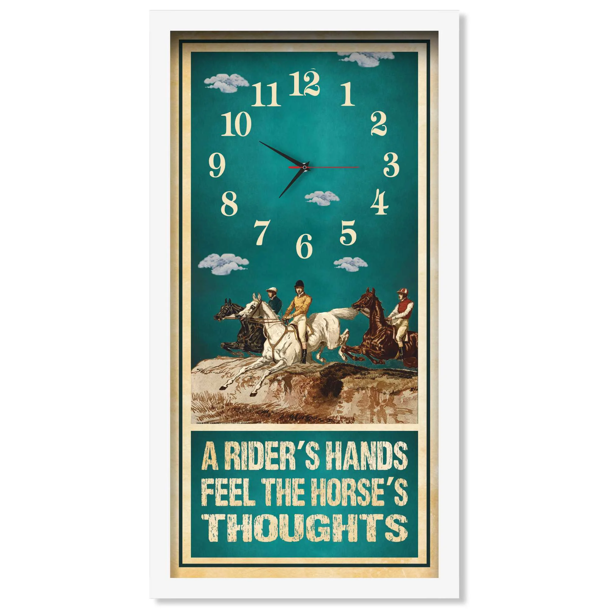 A Rider's Hands horse racing clock, white frame - Vintage Chromolithograph design