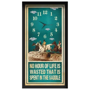 No Hour Of Life horse racing clock, black frame - Vintage Chromolithograph design