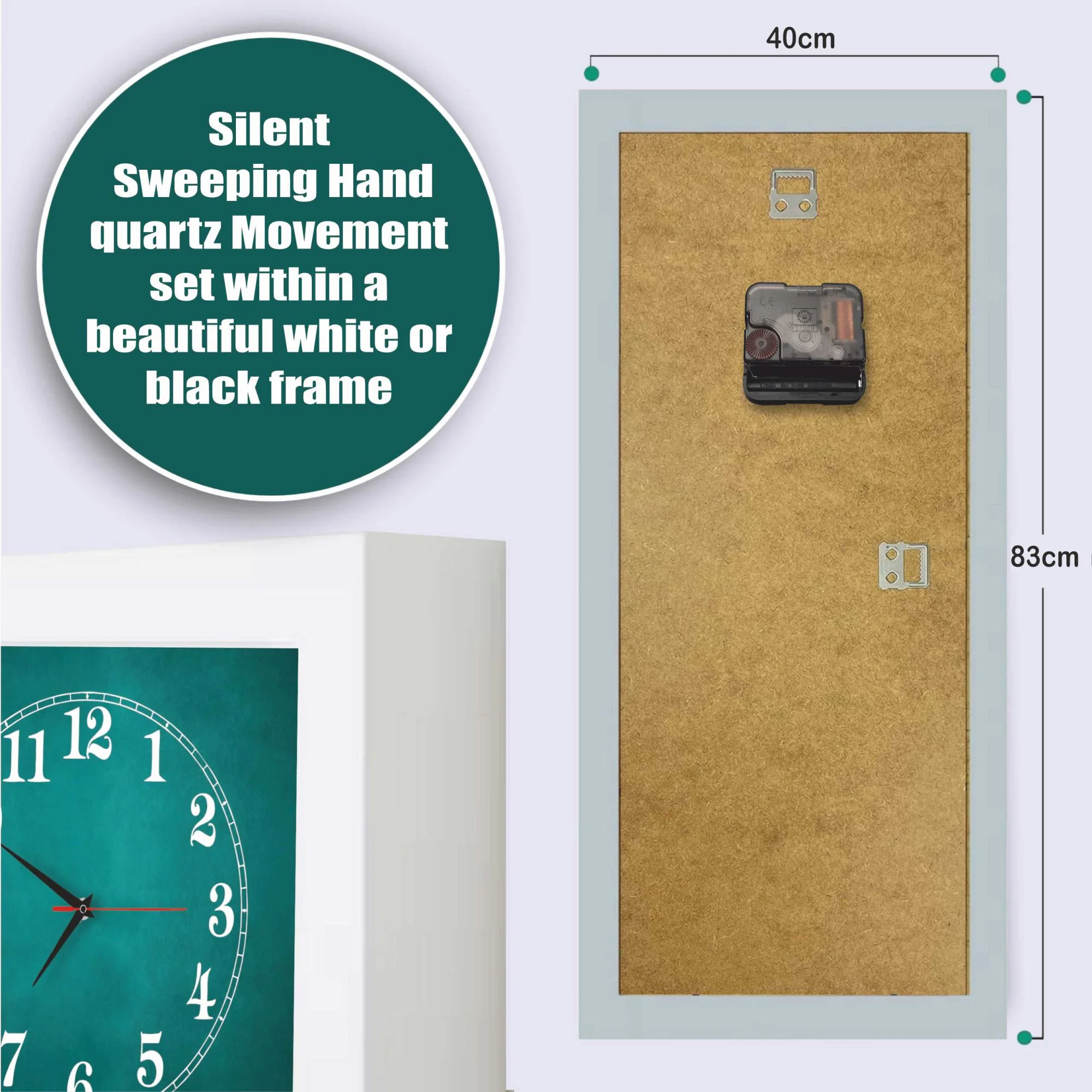 Clocks by Design 40cm x 83cm clock dimensions and silent sweep quartz movement diagram