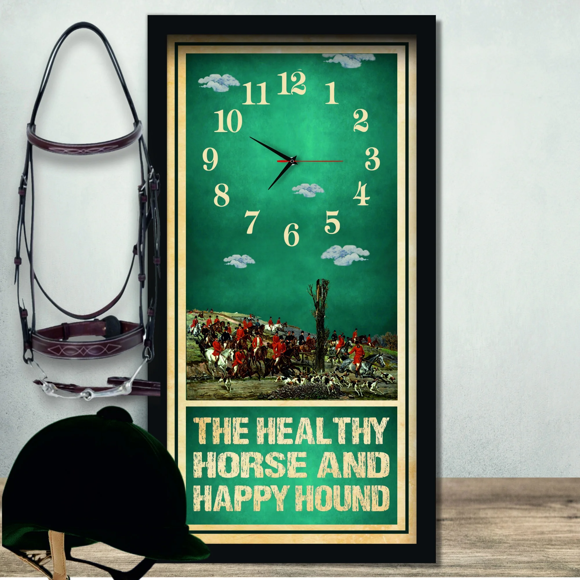 Healthy Horse Happy Hound Hunting Clock, black frame, lifestyle shot