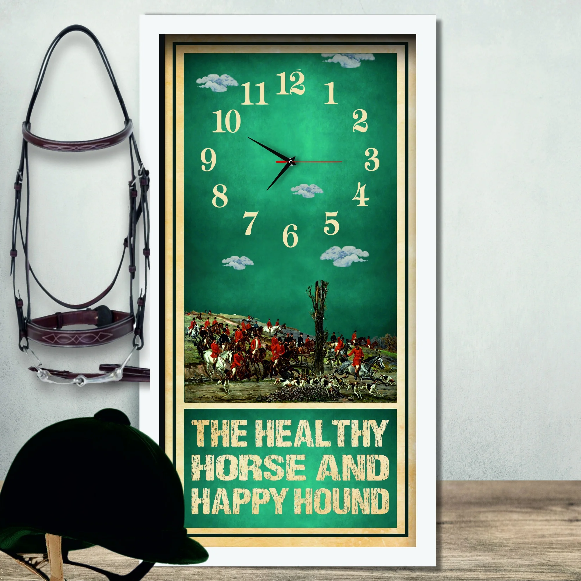 Healthy Horse Happy Hound Hunting Clock, white frame, lifestyle shot