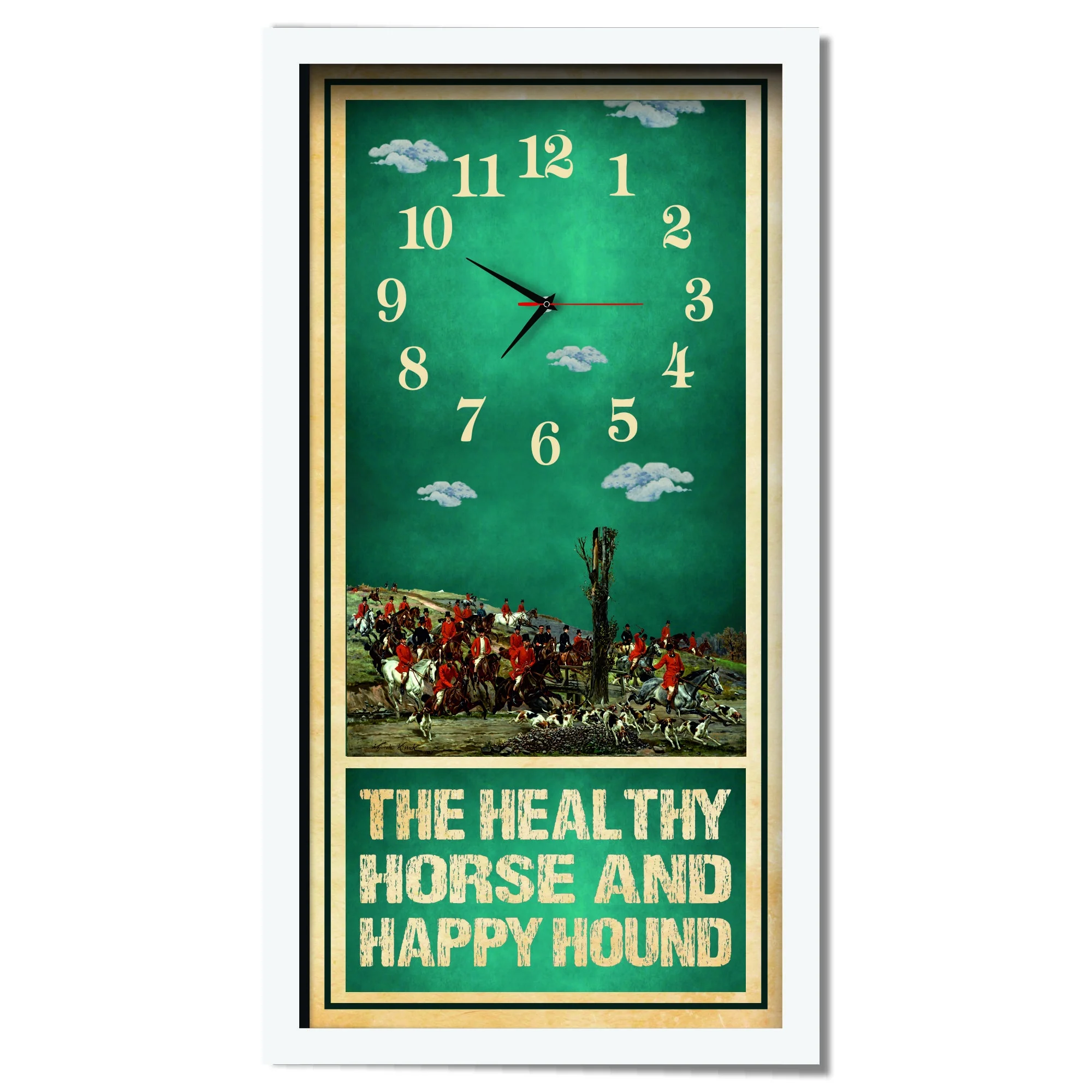 Healthy Horse Happy Hound Hunting Clock, white frame