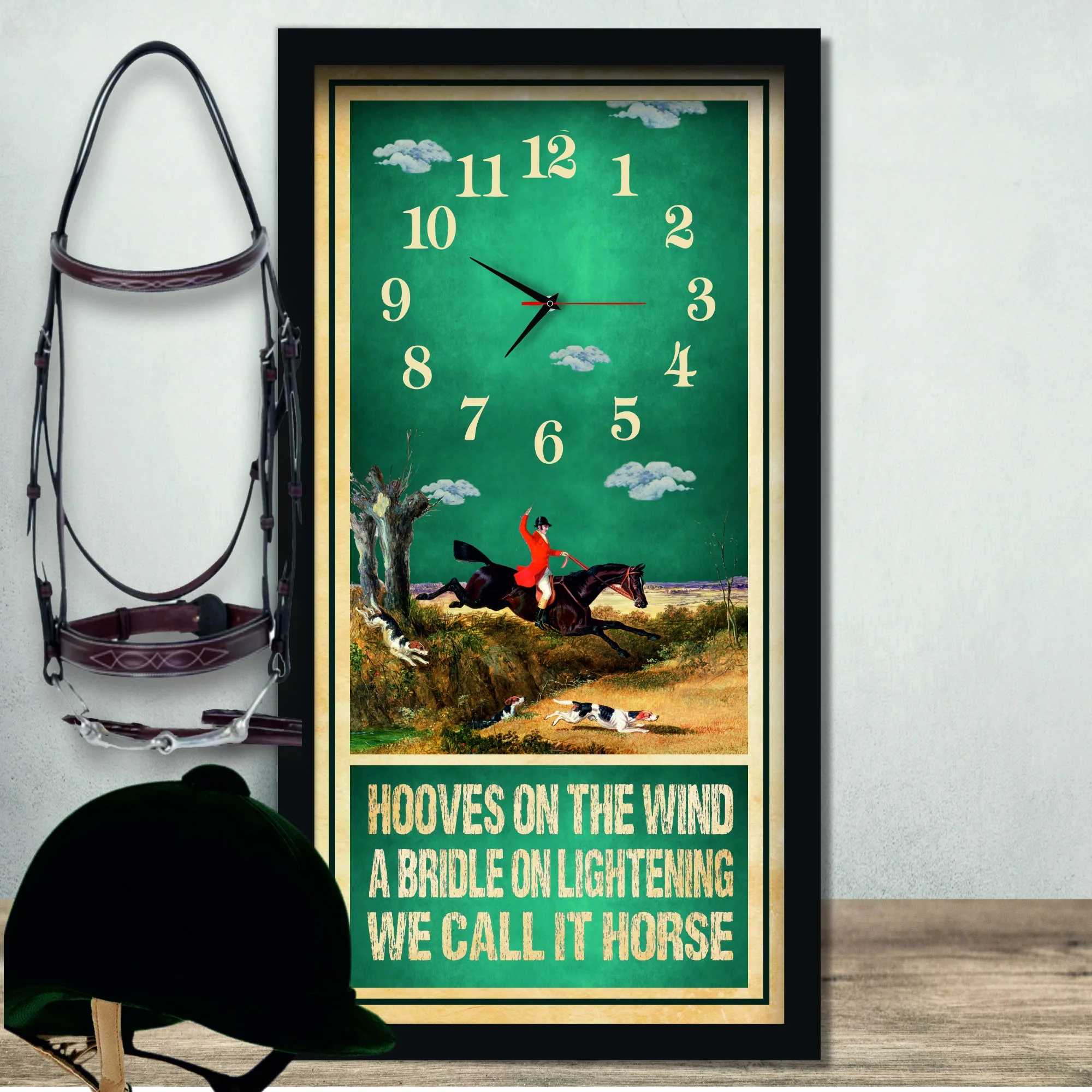 Hooves On The Wind Hunting Clock, black frame, lifestyle shot