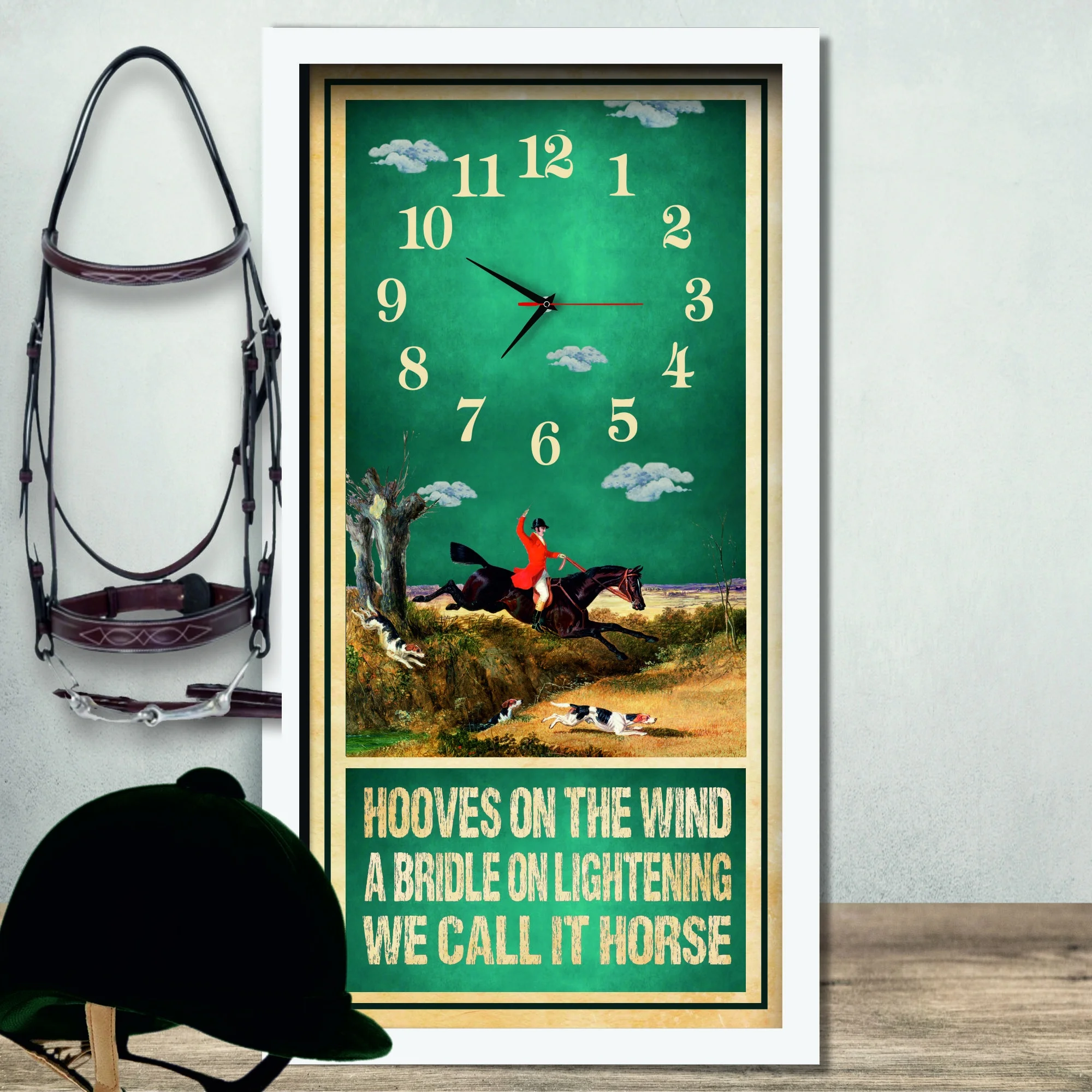 Hooves On The Wind Hunting Clock, white frame, lifestyle shot