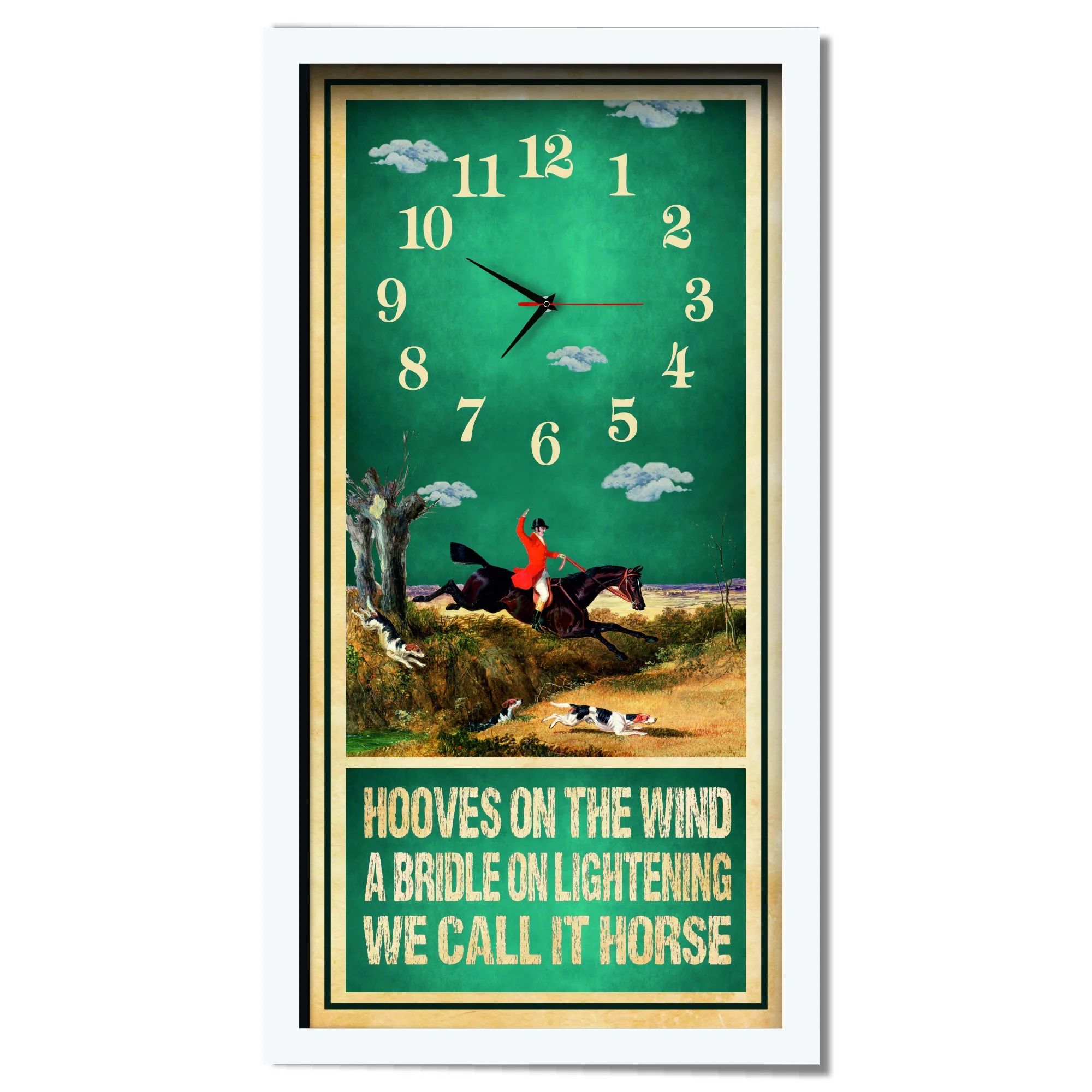 Hooves On The Wind Hunting Clock, white frame