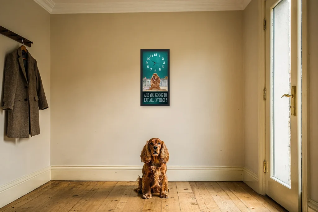 A golden-red Cocker Spaniel sitting in a hallway beneath a Clocks by Design Cocker Spaniel Dinner Time wall clock