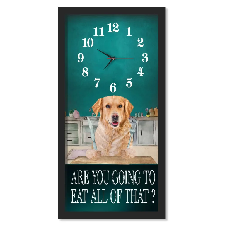 Golden Retriever Dinner Time clock in a black frame