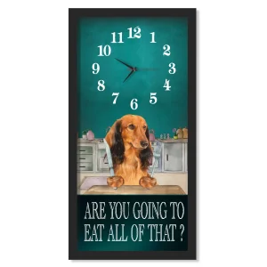 Miniature Long Haired Dachshund Dinner Time clock, black frame