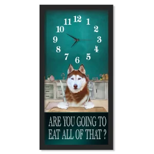 Siberian Husky Dinner Time clock, black frame